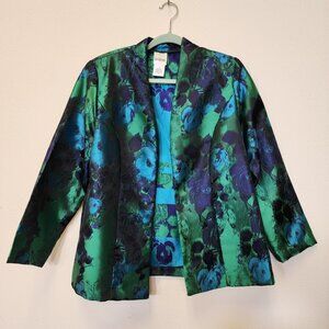 Bedford Fair Blazer Jacket Women Medium Blue Green Open Front Sheen Floral
